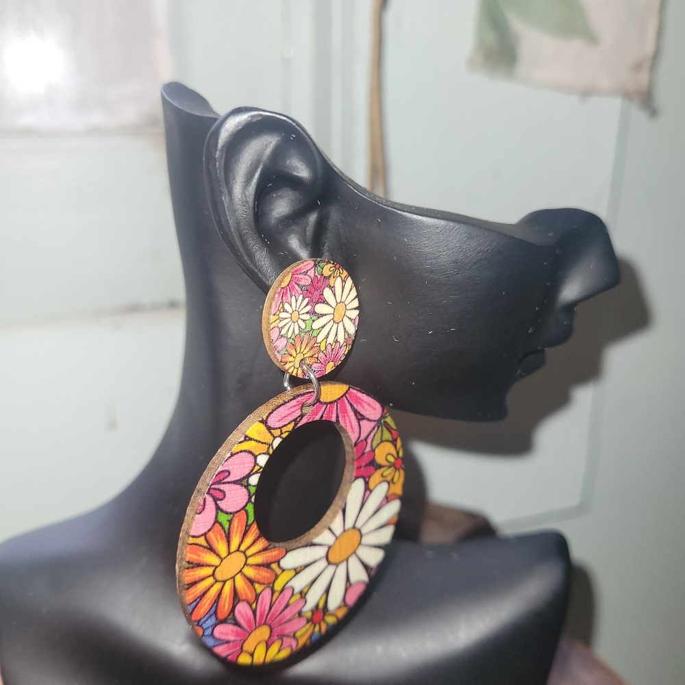 Colorful Floral Drop Earrings in Pink and Gold-Made Out of Wood
